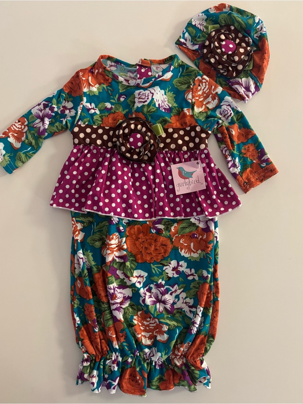 Teal Floral & Magenta Polka Baby Matching Set with Hat